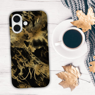 Coque Pour iPhone 16 Encre alcool Monogramme Marbre Noir Or Aquarelle