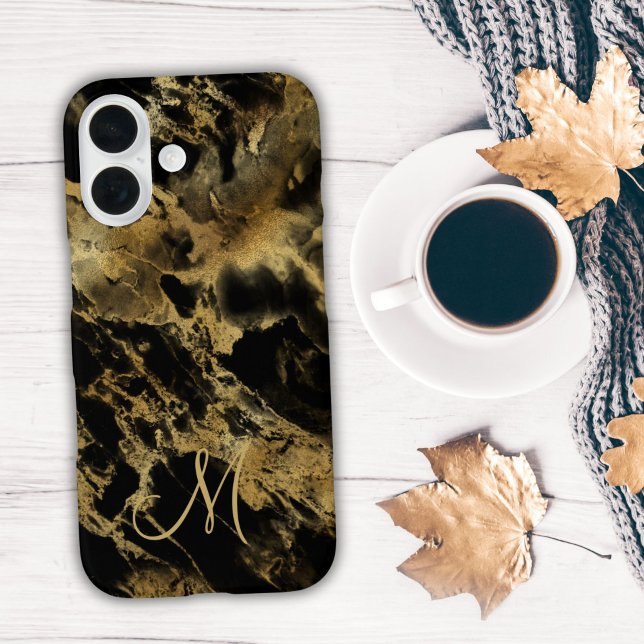 Coques Case-Mate iPhone Encre alcool Monogramme Marbre Noir Or Aquarelle (Monogram Initial Black Gold Watercolor wash alcohol ink iPhone case)