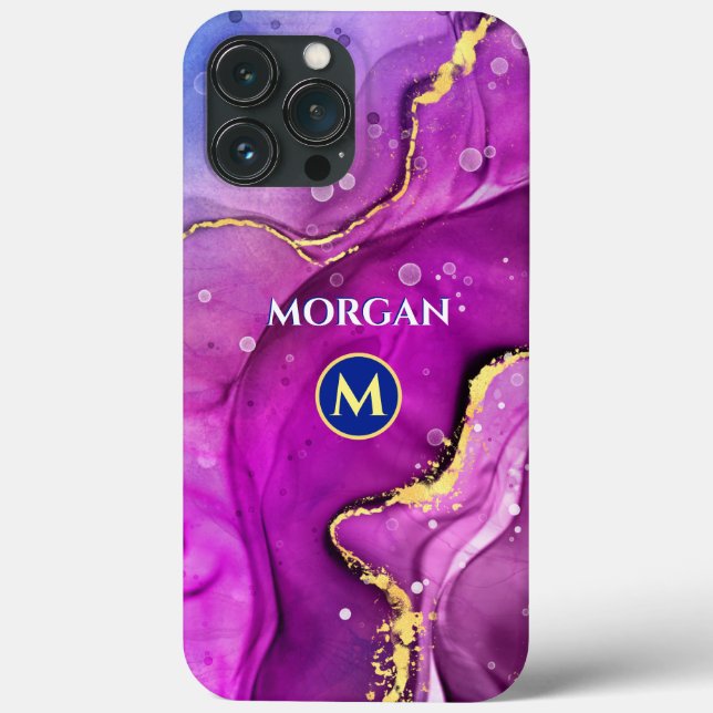 Coques Case-Mate iPhone Encre Liquide Rouge-Violet & Or, Monogramme & Nom (Verso)