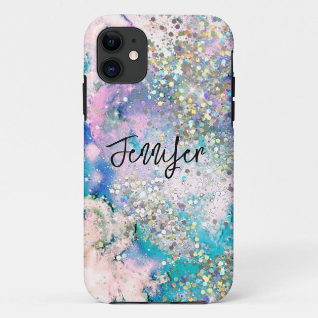 Coques Case-Mate iPhone Encre Marbrée Bleue Sarcelle Pailletée Holographiq (Dos)