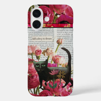 Coque Pour iPhone 16 Endormez-vous pour rêver Chat noir Fleurs roses ch