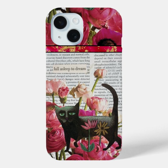 Coques Case-Mate iPhone Endormez-vous pour rêver Chat noir Fleurs roses ch (Verso)