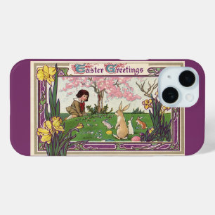 Coque Pour iPhone 15 Enfant vintage à la chasse aux oeufs de Pâques ave