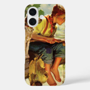 Coque Pour iPhone 16 Enfant vintage, Pêche avec son chien animal de com