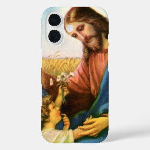 Coque Pour iPhone 16 Enfants vintage apportent des fleurs à Jésus-Chris