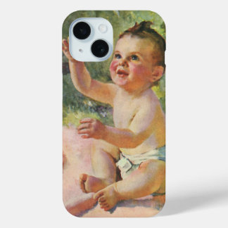 Coque Pour iPhone 15 Enfants Vintage, Bébé Fille Mignon sur une Couvert