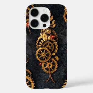Coque iPhone 16 Pro Engrenages dorés vintage et néon rouge Cyberpunk m