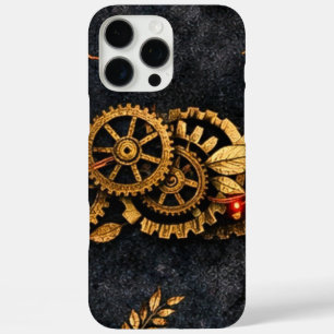 Coque iPhone 16 Pro Max Engrenages dorés vintage et néon rouge mythique Cy