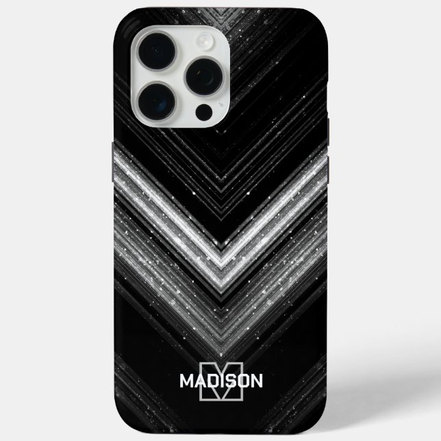 Coques Case-Mate iPhone Epingle en métal brillant néon argent noir chevron (Verso)