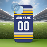 Coque Case-Mate iPhone Équipe Jersey avec nom et numéro personnalisés<br><div class="desc">Couleurs bleues et jaunes — Si vous êtes propriétaire d'une équipe de football d'Imaginaire,  fabriquez vos propres produits et montrez-les à vos amis! Ou - Jouez-vous au football du lycée et voulez un memento? Ce design jersey est parfait pour tous ceux qui pratiquent le sport.</div>