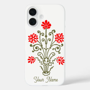 Coque Pour iPhone 16 Etching Vintage et rouge floral modifiable