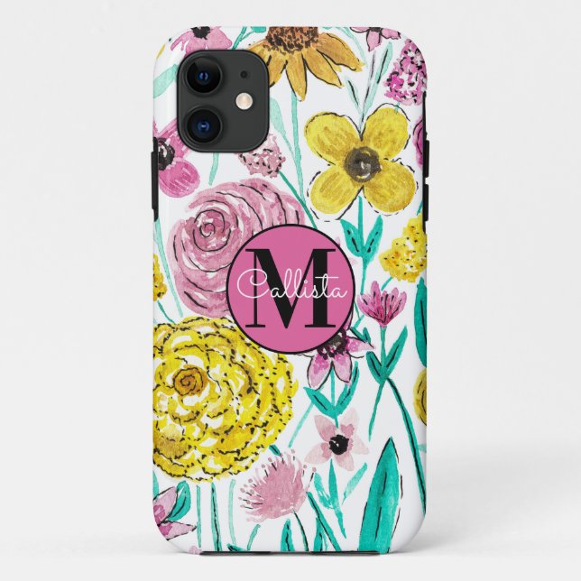 Coques Case-Mate iPhone Été rose Fleurs Jaunes Aquarelle Monogramme (Dos)