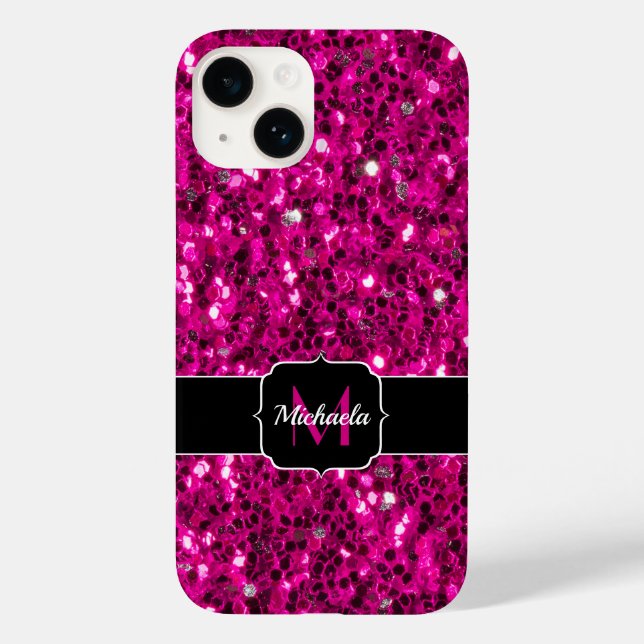 Coques Case-Mate iPhone Étincelles rose chaud fausse Monogramme paillettes (Verso)
