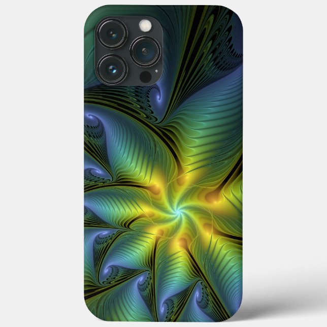 Coques Case-Mate iPhone Étoile abstraite, art fractal doré vert bleu brill (Verso)