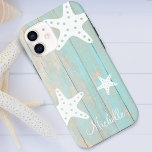 Case-Mate iPhone Case Étoile de mer en bois de plage faux en détresse pe<br><div class="desc">Bois faux bleu de plage tropicale en détresse avec trois étoiles de mer graphiques blanches et étui de téléphone personnalisé.</div>