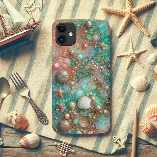 Coques Case-Mate iPhone Étoile de mer scintillante verte menthe et or (Créateur téléchargé)