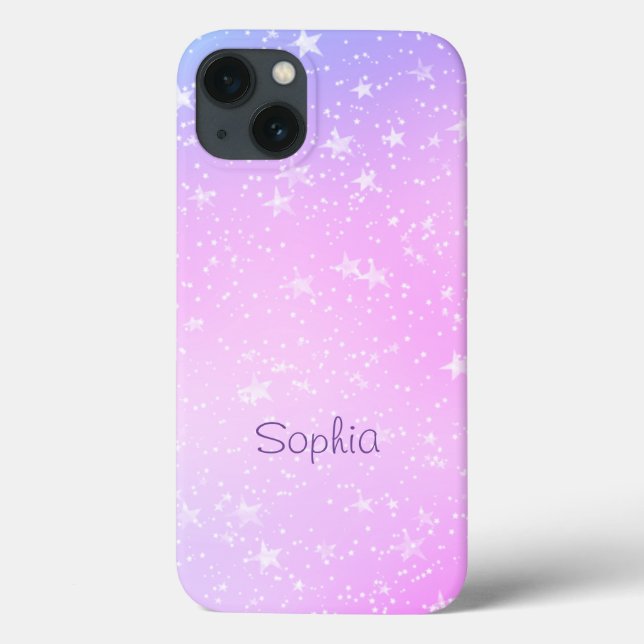 Coques Case-Mate iPhone Étoiles blanches, Ombre violet et rose, Nom pourpr (Verso)