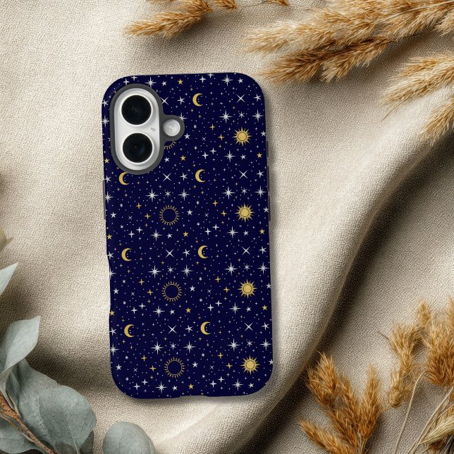 Coques Case-Mate iPhone Étoiles célestes Lune Soleil Bleu Or Blanc Tendanc (Celestial Blue Gold Stars Moon Sun Crescent Moon iPhone Case)