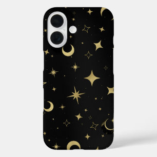 Coque Pour iPhone 16 Étoiles célestes modernes Black & Gold