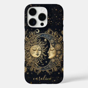 Coque iPhone 16 Pro Étoiles Cosmiques Céleste Or Noir Soleil Lune