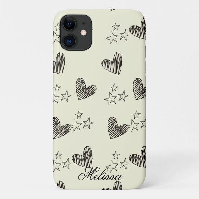 Coques Case-Mate iPhone Étoiles de coeur minimes en noir et blanc beige Sc (Dos)