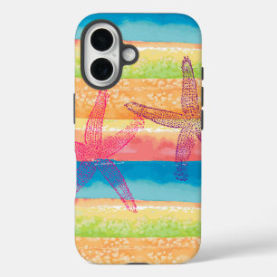 Coque Pour iPhone 16 Étoiles de mer rayures aquarelles colorées
