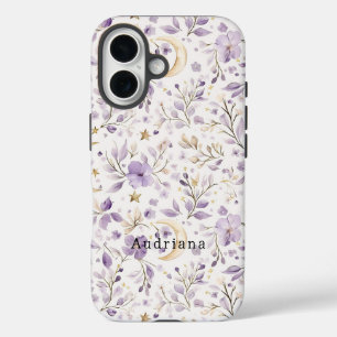 Coque Pour iPhone 16 Etoiles d'or Lune Fleurs violettes