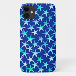 Coques Pour iPhone Étoiles satinées, bleu pâle sur cobalt