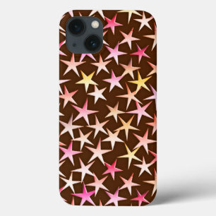 iPhone 13 Coque Étoiles satinées, roses sur fond chocolat