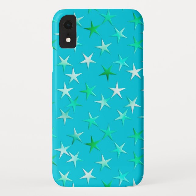 Coques Case-Mate iPhone étoiles satinées, vert pâle et bleu sur turquoise (Dos)