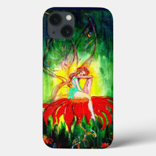 Etui iPhone 13 FAIRY DREAMING SUR LA FLEURS ROUGE vert jaune