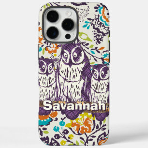 Coque iPhone 16 Pro Max Famille de hibou géométrique stylisée violet