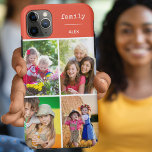 Case-Mate iPhone Case Famille Orange 4 Photo Collage personnalisé<br><div class="desc">Créez votre propre étui téléphonique personnalisé pour iphone 11 pro max et de nombreux autres modèles. Le design comprend un collage photo de style grille avec 4 de vos photos préférées, votre nom et le mot "famille". Le modèle photo est configuré pour vous permettre d'ajouter vos photos, en travaillant dans...</div>