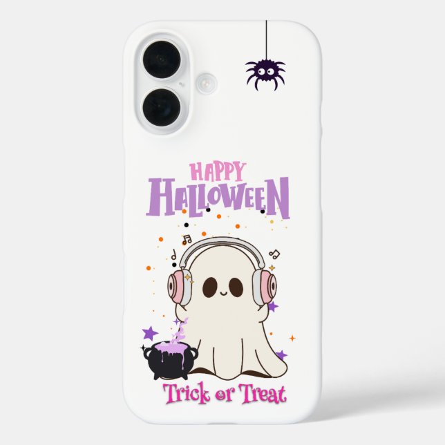 Coques Case-Mate iPhone Fantôme mignon avec casque Halloween iPhone 16 (Verso)