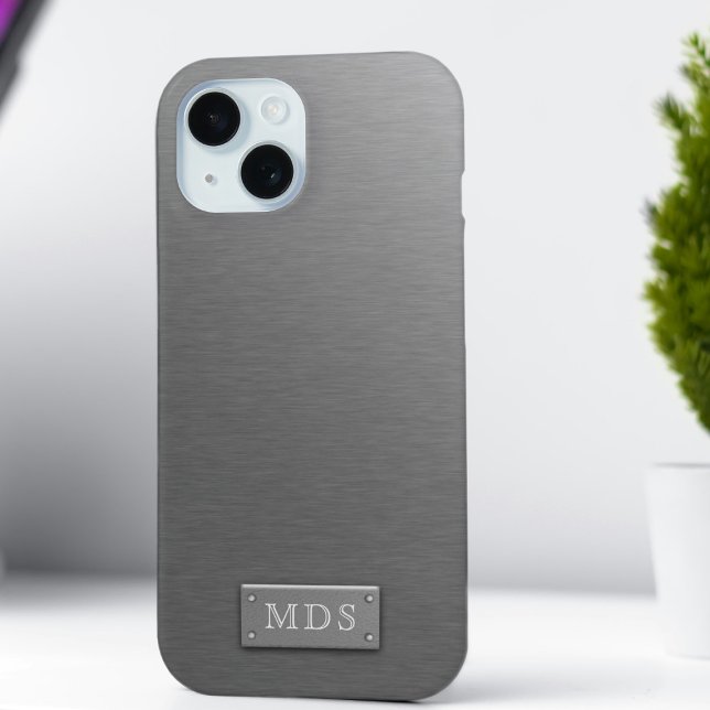Coques Case-Mate iPhone Faux Argent Monogramme Titane Gris Métal brossé (Just add your initials)