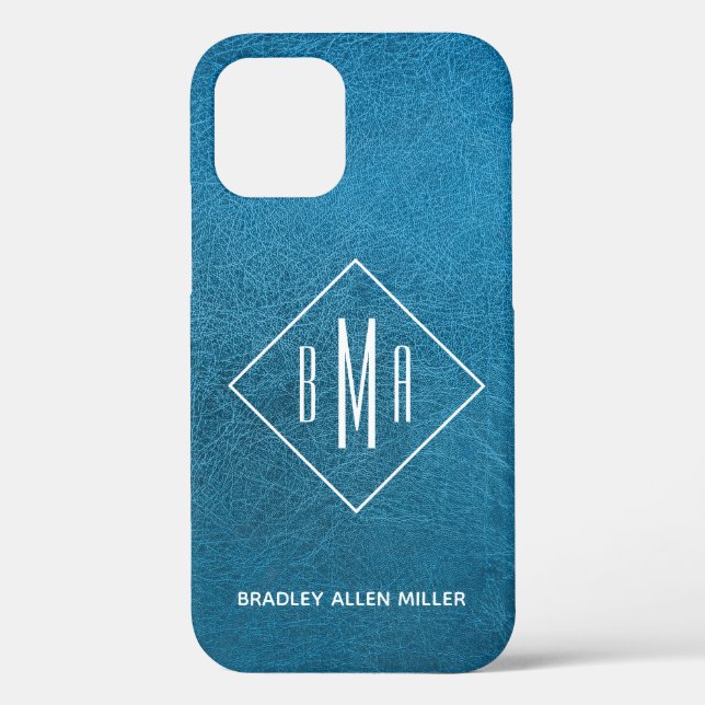 Coques Case-Mate iPhone Faux Blue Leather White Monogramme Personnalisé (Verso)