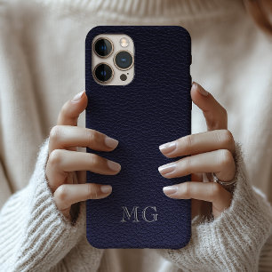 Coque Pour iPhone 16 Faux cuir bleu foncé initiales monogrammées blanch