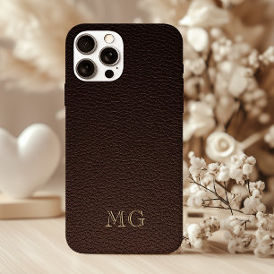 Coque Pour iPhone 16 Faux cuir marron foncé et initiales monogramme dor