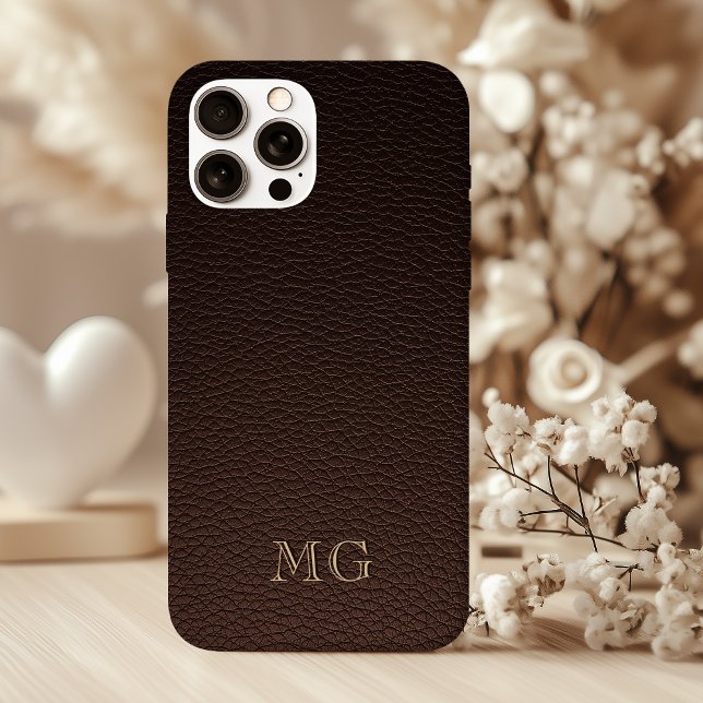 Coques Case-Mate iPhone Faux cuir marron foncé et initiales monogramme dor (Créateur téléchargé)