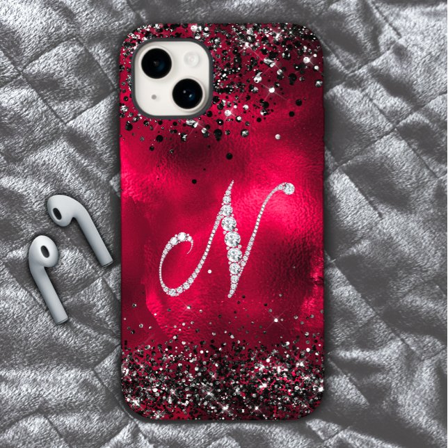 Coques Case-Mate iPhone Faux de cristal lettre de strass N rouge noir (Créateur téléchargé)