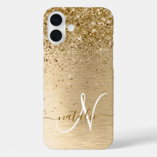 Coque Pour iPhone 16 Plus Faux Gold brossé Parties scintillant en métal Nom