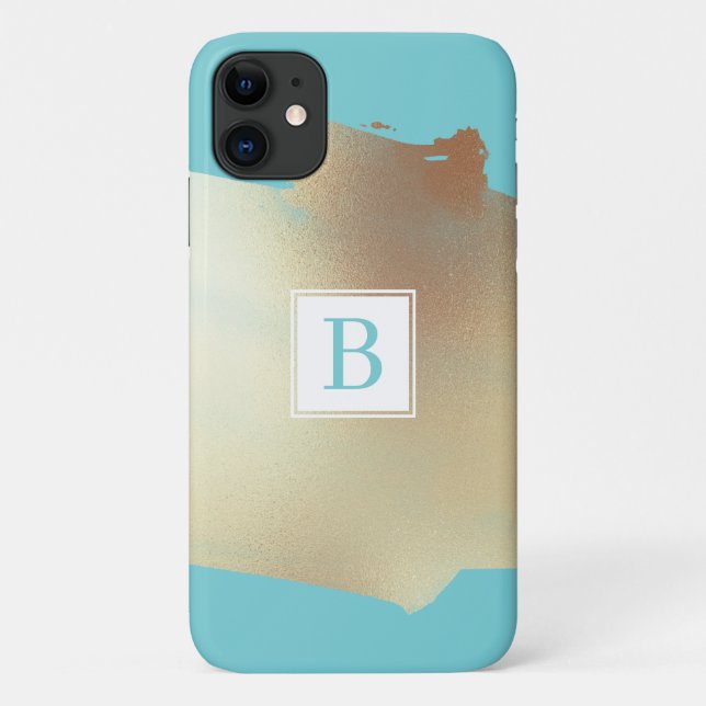 Coques Case-Mate iPhone Faux Gold Foil Splash Simple Monogramme Turquoise (Dos)