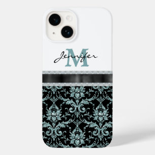 Coque Case-Mate iPhone Faux Parties scintillant Aqua Damask Monogramme