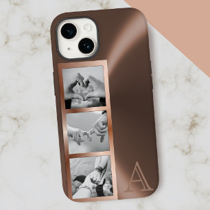Coque Pour iPhone 15 Faux Rose Gold Metallic 3 Photo Collage Monogramme