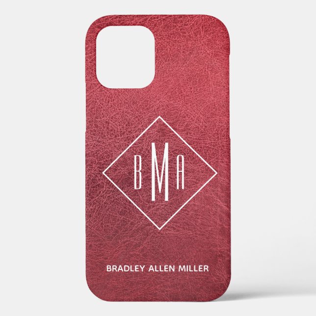 Coques Case-Mate iPhone Faux Rouge Cuir Blanc Monogramme Personnalisé (Verso)
