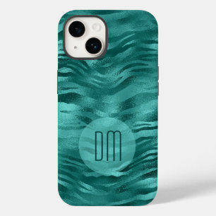 Coque Case-Mate iPhone Faux Turquoise Foil Stripe Waves Monogramme