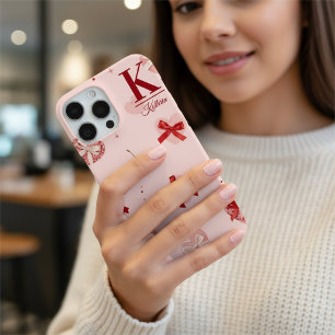 Coque iPhone 16 Pro Max Féminin Rose Coquette Cœurs et Rubans Personnalisé