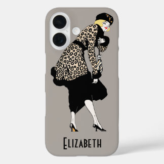 Coques iPhone 16 Femme Art Déco Vintage en veste imprimé léopard