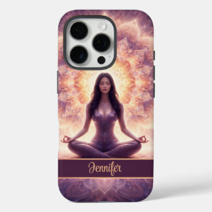 Coque iPhone 16 Pro Femme de méditation mandala lumineuse Nom personna
