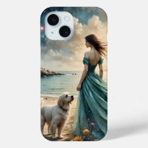 Coque Case-Mate iPhone Femme en robe bleue sur la plage avec chien
